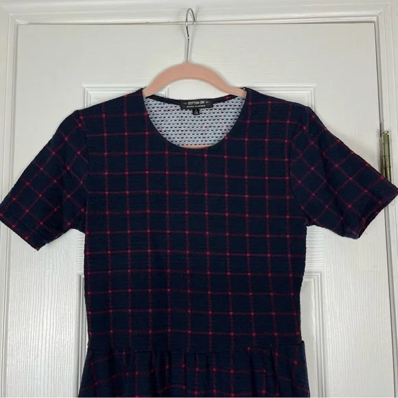Cotton On Navy/Red Plaid Short Sleeve Dress Sz S - Picture 2 of 6